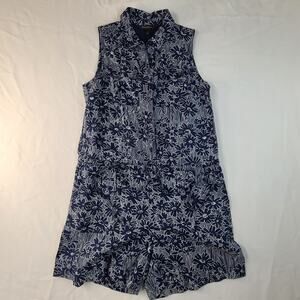 Banana Republic sleeveless Romper Blue White Floral Drawstring Button Front 2